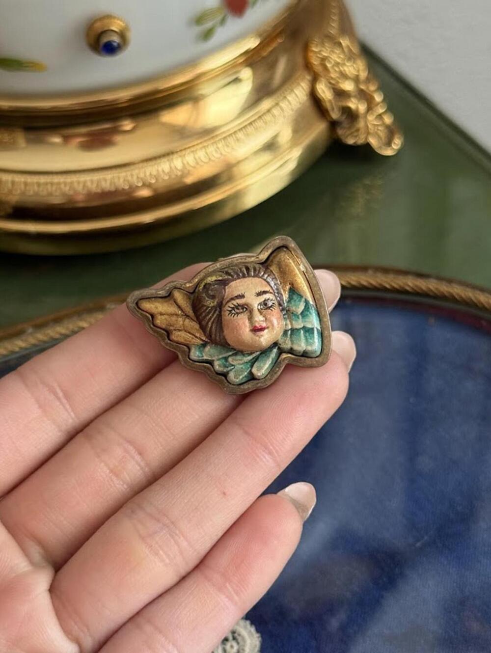 Vintage Hand Painted Angel Cherub Brooch Pendant